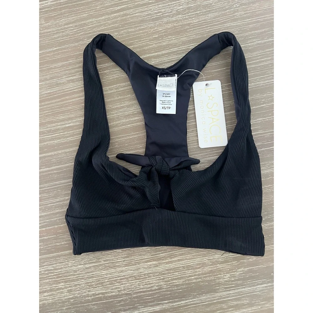 L*Space Tara Ribbed Bikini Top Black XS/TP Tie Front Racerback Swimsuit‎